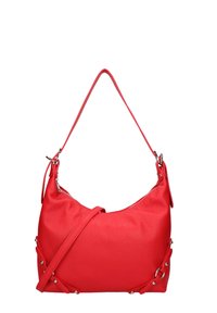Borsa a spalla in pelle rossa con finitura texture, forma arrotondata, chiusura con zip e borchie decorative lungo il lato. Cinghia regolabile inclusa.