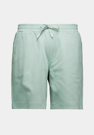 Svetlo zelene moške priložnostne kratke hlače z elastičnim pasom in vrvico, opremljene s stranskimi žepi in sproščenim krojem.