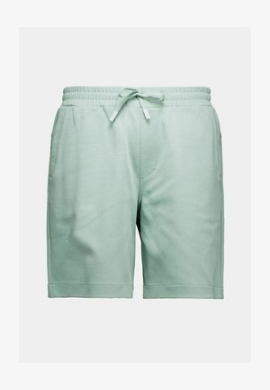 Világoszöld férfi alkalmi rövidnadrág elasztikus derékpánttal és húzózsinórral, oldalzsebekkel és laza szabással.