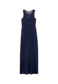 Abito lungo senza maniche di colore blu navy, realizzato in tessuto morbido, con scollatura rotonda e silhouette dritta, caratterizzato da una leggera fessura nella parte inferiore.