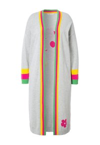 Lichtgrijze cardigan met een V-hals, voorzien van neonroze, gele en groene strepen. Inclusief gebreide bloemmotieven en lange mouwen.