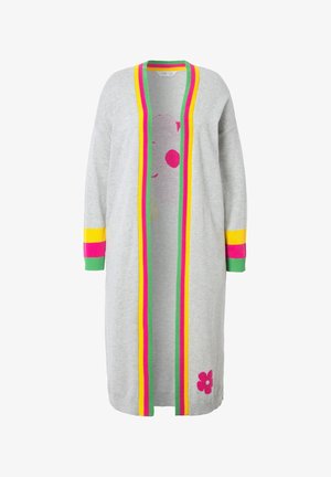 Lichtgrijze cardigan met een V-hals, voorzien van neonroze, gele en groene strepen. Inclusief gebreide bloemmotieven en lange mouwen.