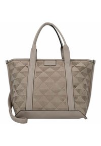 Sac fourre-tout beige avec des motifs géométriques perforés, des poignées robustes et un design spacieux. Fabriqué en matériau synthétique avec une texture lisse.
