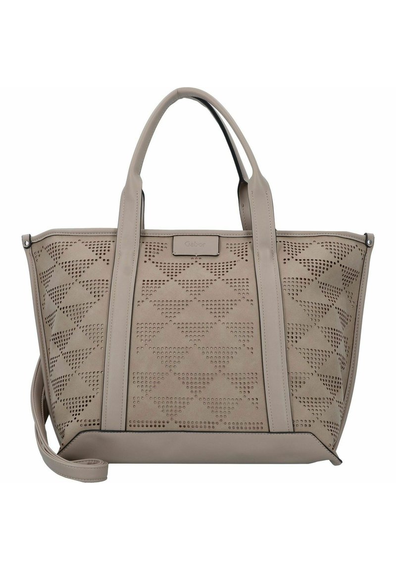 Sac fourre-tout beige avec des motifs géométriques perforés, des poignées robustes et un design spacieux. Fabriqué en matériau synthétique avec une texture lisse.