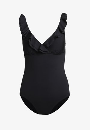 Black one-piece swimsuit with ruffle accents on straps, a deep V-neckline, and soft fabric with a smooth texture. Classic design.
