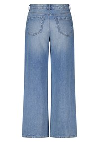 Lichtblauwe wijd uitgesneden jeans van denimstof. Heeft een hoge taille, twee achterzakken en een ruwe zoom voor een casual look.