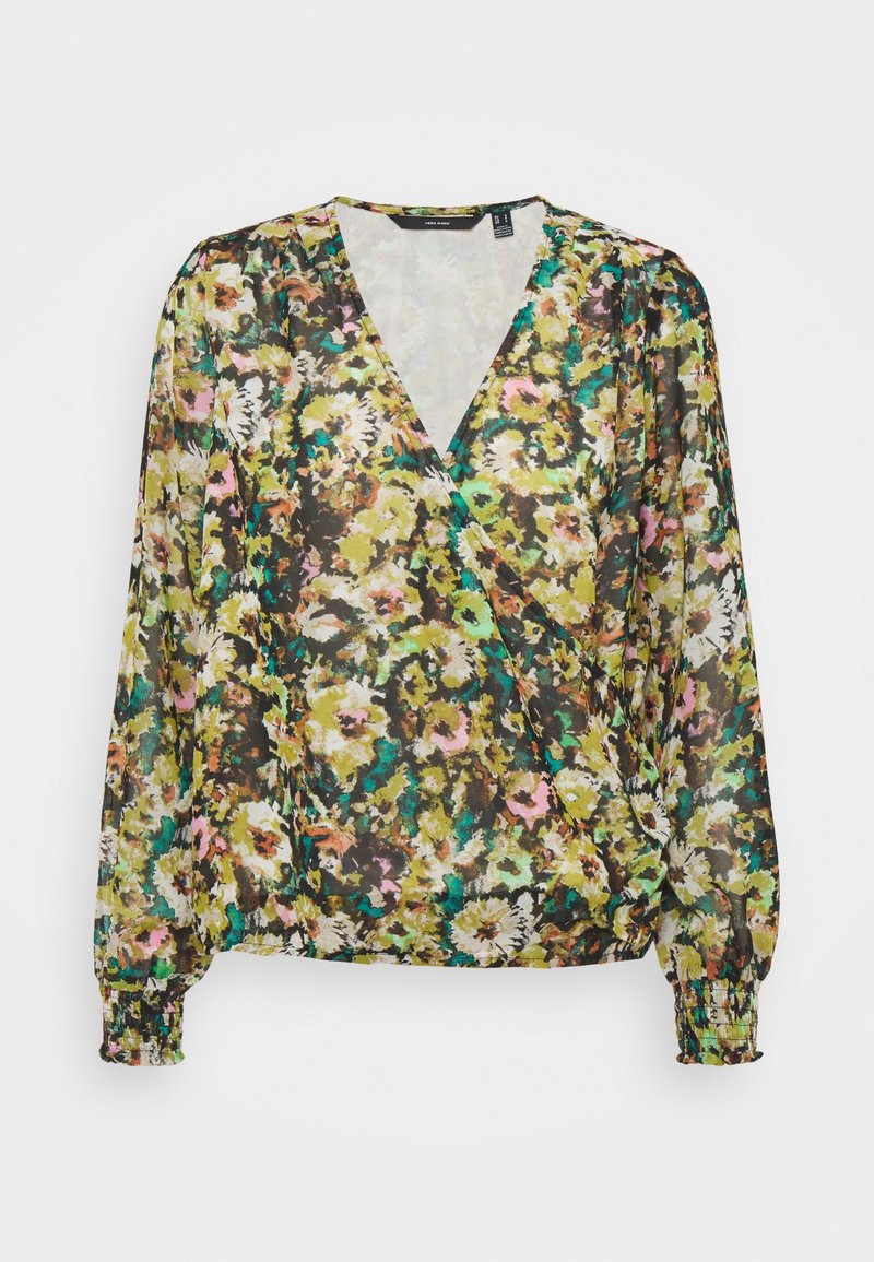Blouse florale avec un décolleté en V profond et des manches longues bouffantes. Confectionnée en tissu léger et transparent avec un motif floral multicolore sur un fond sombre.