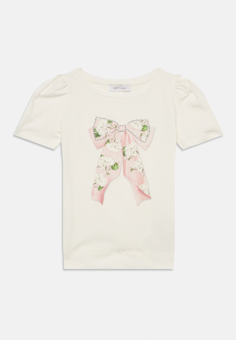 Λευκό T-shirt με κοντά μανίκια και φουσκωτά μανίκια, με γραφικό φιόγκο με λουλουδάτο μοτίβο σε ροζ και πράσινο, διακοσμημένο με μικρά πολύτιμα λίθια.