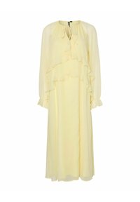 Vestido amarillo de manga larga con un diseño con volantes en la parte frontal y un cierre de lazo en el cuello. Hecho de una tela ligera y fluida.