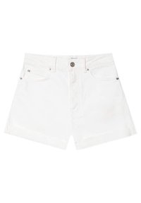 Witte denim shorts met een hoge taille, vijf-pocket ontwerp, knoop- en ritssluiting en opgerolde zoom. Kenmerkt zilveren hardware accenten.