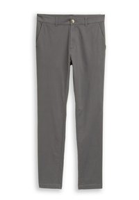 Γκρι βαμβακερό παντελόνι με στενή εφαρμογή, λεία μπροστινή όψη, δύο εμπρόσθιες τσέπες και ένα κουμπί στη μέση. Λείο υλικό.