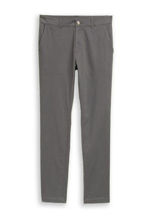 Graue Baumwollhosen mit schlanker Passform, flacher Vorderseite, zwei Fronttaschen und einem einzelnen Knopfverschluss in der Taille. Glatte Textur.