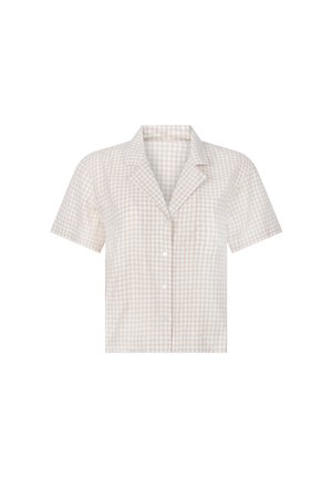 Short-sleeve button-up shirt in light beige gingham pattern, featuring a collar and a single chest pocket on the left side.