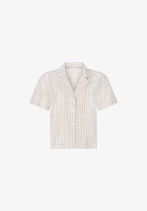 Chemise à manches courtes à boutons en vichy beige clair, avec un col et une poche poitrine unique sur le côté gauche.