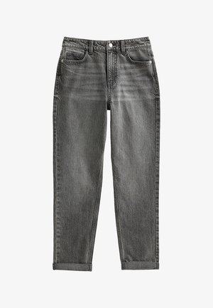 Gray denim high-waisted jeans with a straight cut, featuring faded wash, rolled cuffs, front pockets, and metal hardware accents.