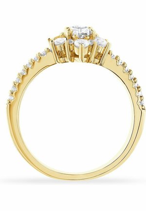 Goldring mit einem zentralen runden Diamanten und kleineren Akzentsteinen in einer Krappenfassung, strukturierter Band und polierter Oberfläche.