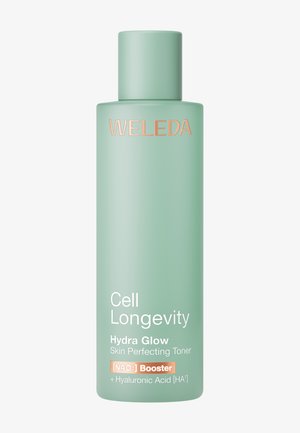 Bouteille cylindrique verte de toner perfecteur de peau Weleda Cell Longevity Hydra Glow avec Booster NAD+ et Acide Hyaluronique.
