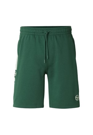 Shorts in misto cotone verde con vita elasticizzata e coulisse. Presentano strisce laterali bianche e un logo sulla parte inferiore della gamba destra.