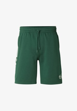 Grüne Shorts aus Baumwollmischung mit elastischem Bund und Kordelzug. Verfügen über weiße Seitenstreifen und ein Logo am unteren rechten Bein.
