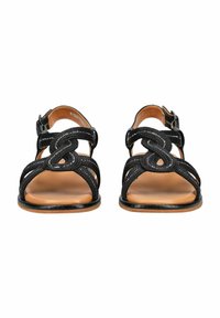 Schwarze Sandalen mit geflochtenen Riemen, geschlossenem Absatz und verstellbarem Knöchelverschluss. Mit glatter, beige Innensohle und flachem Sohlendesign.