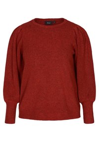 Czerwony sweter z długim rękawem, z zebranymi bufkami na ramionach i ściągaczami na mankietach, okrągłym dekoltem oraz metką w rozmiarze średnim wewnątrz kołnierza.