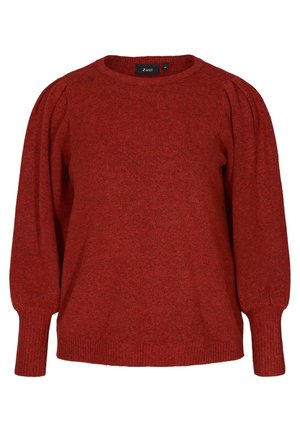 Červený svetr s dlouhým rukávem, staženými balónovými rameny a žebrovanými manžetami, kulatým výstřihem a střední velikostní etiketou uvnitř límce.