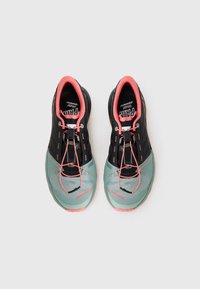 Black and teal athletic shoes with pink accents. Mesh upper with reinforced toe, elastic laces, and rubber sole. Lightweight design for comfort.