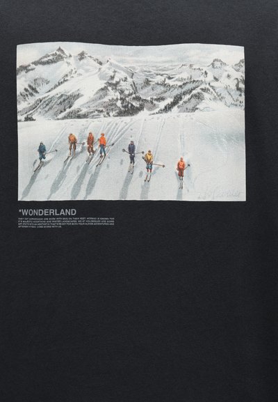 Musta t-paita, jossa on lumipeitteinen maisema ja kuusi hiihtäjää. Kuvassa on vuoria ja puita pehmeissä väreissä ja tarkkoja yksityiskohtia.