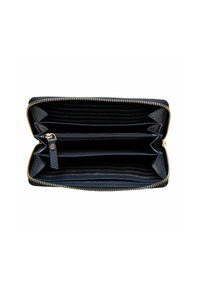 Black leather wallet with a textured finish, gold zipper, multiple card slots, and two compartments for cash and coins.