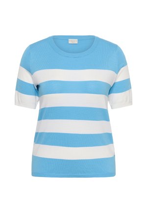Maglia a maniche corte in maglia con strisce orizzontali azzurro cielo e bianche e scollo rotondo.
