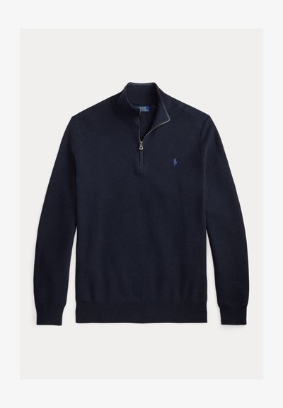 Pull-over en maille bleu marine à manches longues avec col à fermeture éclair quart de zip et petit logo brodé sur la poitrine gauche.