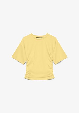 Lichtgeel T-shirt met korte mouwen en ronde hals, met geplooide zijkanten en een losse pasvorm, getoond op een witte achtergrond.