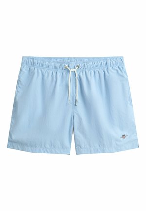 Pantaloncini da bagno azzurri con vita elastica, coulisse bianca, tasche laterali e piccolo logo sulla gamba destra, in basso.