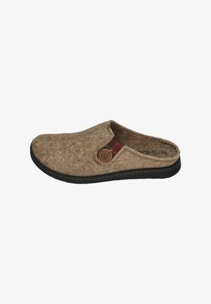 Brown felt clog with a rounded toe, black rubber sole, and a decorative plaid accent near the side button detail. Simple and sturdy design.
