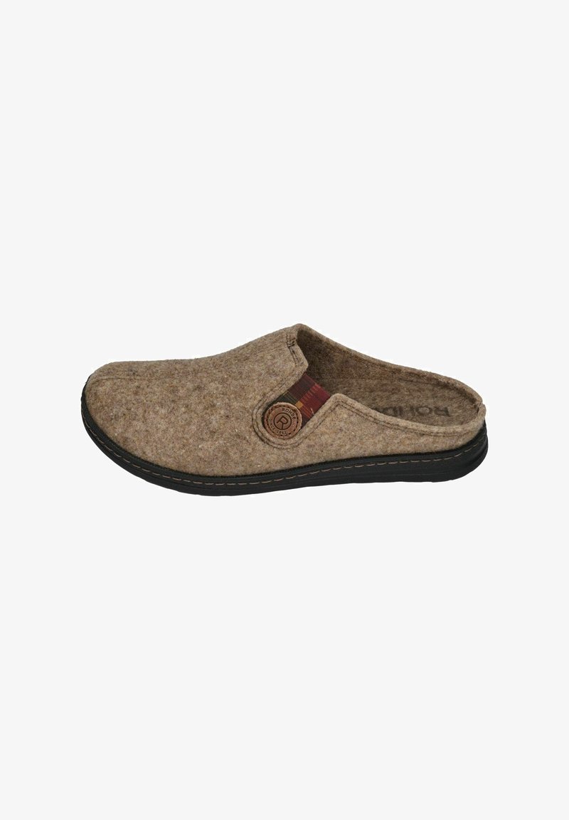 Brown felt clog with a rounded toe, black rubber sole, and a decorative plaid accent near the side button detail. Simple and sturdy design.
