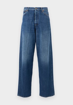 Jeans denim blu a gamba larga con vita alta, bottoni frontali, chiusura con cerniera e tasche frontali standard.