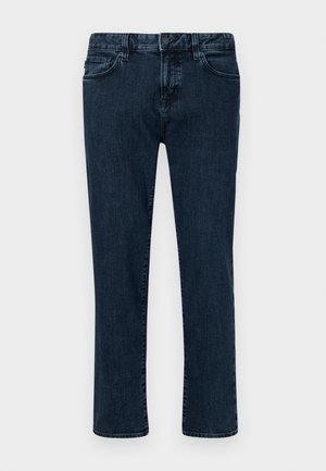Dunkelblaue Denim-Jeans mit geradem Bein, fünf Taschen, Knopfverschluss und genähten Nähten. Glatte Textur und klassischer Stil.