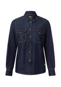 Donkerblauwe denim shirt met lange mouwen, twee borstzakken, goudkleurige knopen en contrasterende stiksels. Klassieke kraagontwerp.