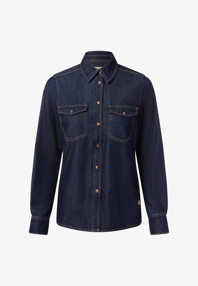 Donkerblauwe denim shirt met lange mouwen, twee borstzakken, goudkleurige knopen en contrasterende stiksels. Klassieke kraagontwerp.
