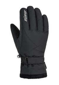 Black winter glove with a soft exterior, reinforced palm, and adjustable wrist strap. Features stitched detailing and fleece lining.