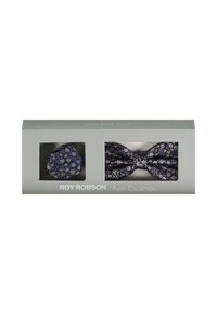 Set di papillon e foulard con motivo floreale blu navy, confezionato in una scatola grigia etichettata "Roy Robson Party Collection."