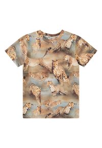 Kurzärmliges T-Shirt aus Stoff mit einem fotografischen Druck von laufenden Geparden, vor einem mehrfarbigen beige- und braunfarbigen Hintergrund.
