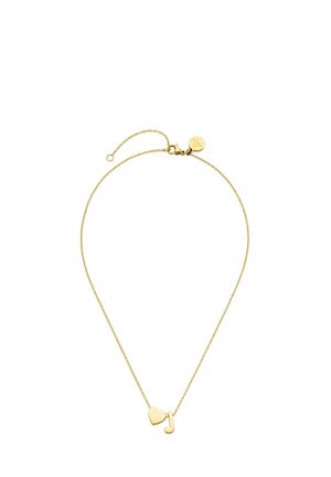 Feine goldene Kette mit Herzanhänger und Buchstabe J Anhänger, mit verstellbarem Verschluss und kleinem rundem Anhänger nahe der Befestigung.