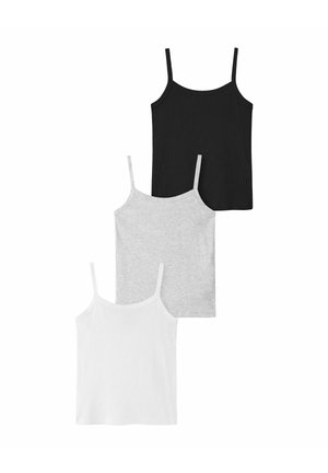 Tre ærmeløse camisoles i sort, grå og hvid med tynde skulderstropper, vist i en trappestillet lodret arrangement.