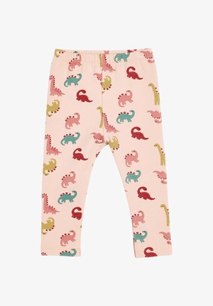 Roze peuterleggings met een geheel bedrukte patroontje van kleine groene, rode en roze cartoon-dinosaurussen.