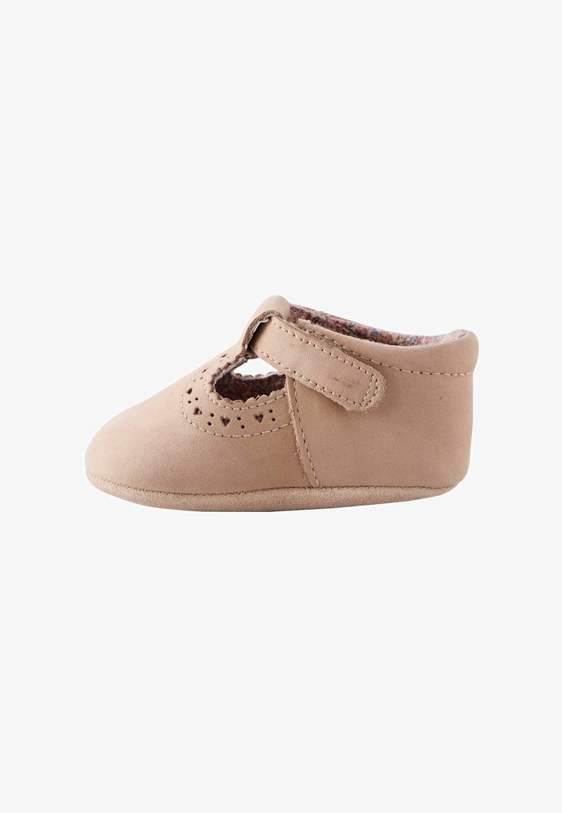 Soft pink leather shoe with rounded toe, perforated detailing, and adjustable strap. Interior features a floral fabric lining.