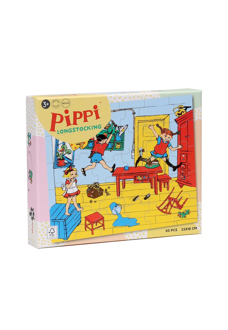 Træpuzzle-boks med farverigt kunstværk af børn, der leger indendørs. Fremtrædende røde og gule elementer med intrikate mønstre. 30 brikker.