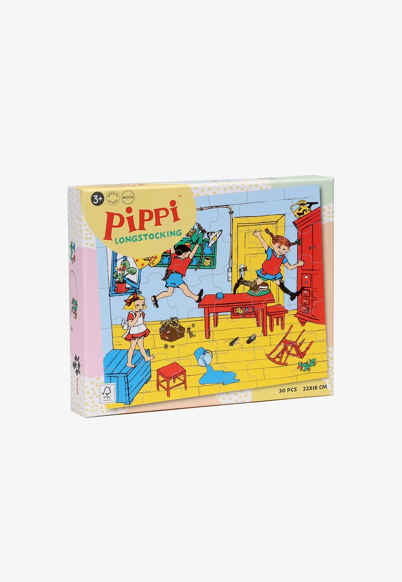 Træpuzzle-boks med farverigt kunstværk af børn, der leger indendørs. Fremtrædende røde og gule elementer med intrikate mønstre. 30 brikker.