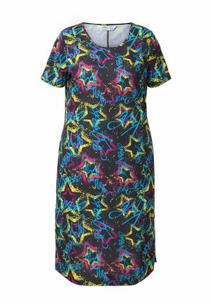 Kurzärmeliges schwarzes Kleid mit bunten abstrakten Mustern in Blau, Pink und Gelb, im entspannten Schnitt und in der mittellangen Länge bis zur Oberschenkelmitte.