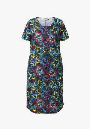 Kortærmet sort kjole med farverige abstrakte mønstre i blå, pink og gul, med en afslappet pasform og længde til midten af låret.